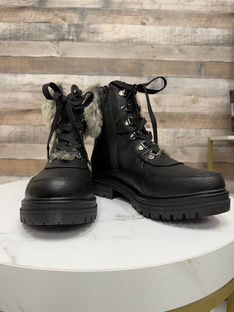 Sun +Stone faux leather combat boot with faux fur trim