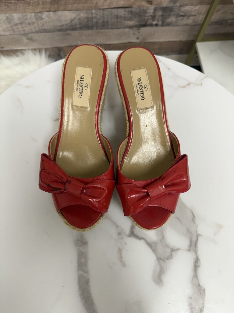 Valentino red patent leather espadrille wedge sandal with bow