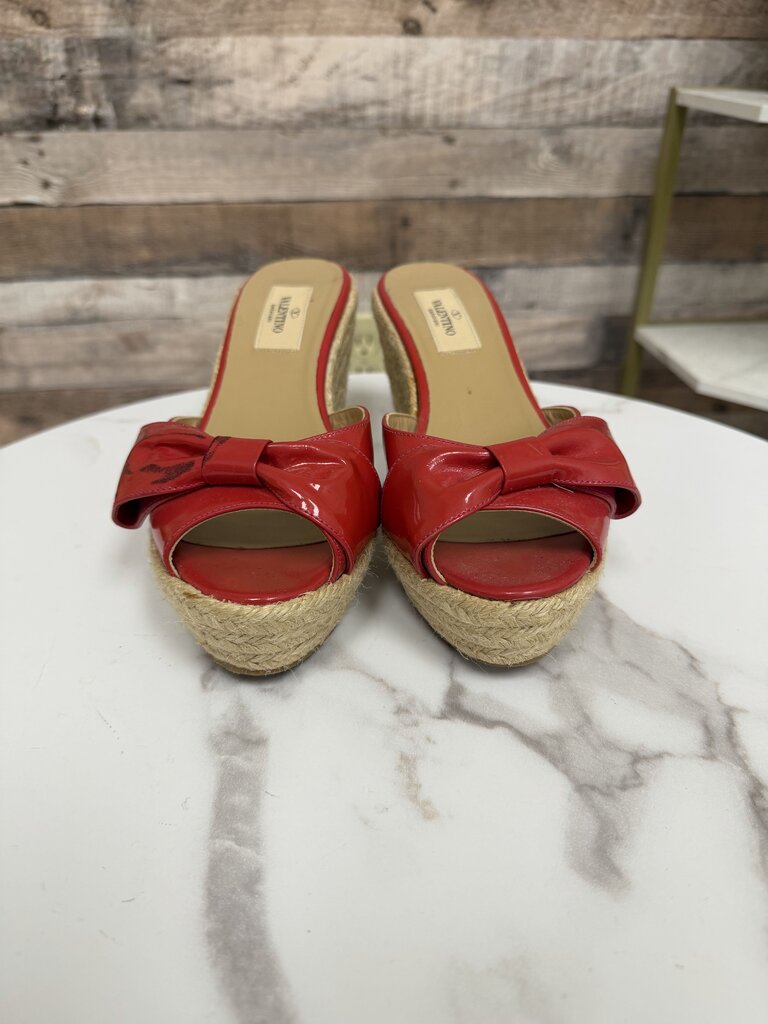Valentino red patent leather espadrille wedge sandal with bow