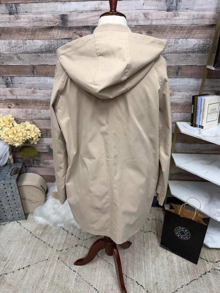 Weatherproof tan 3/4 length trench coat, hooded button down style