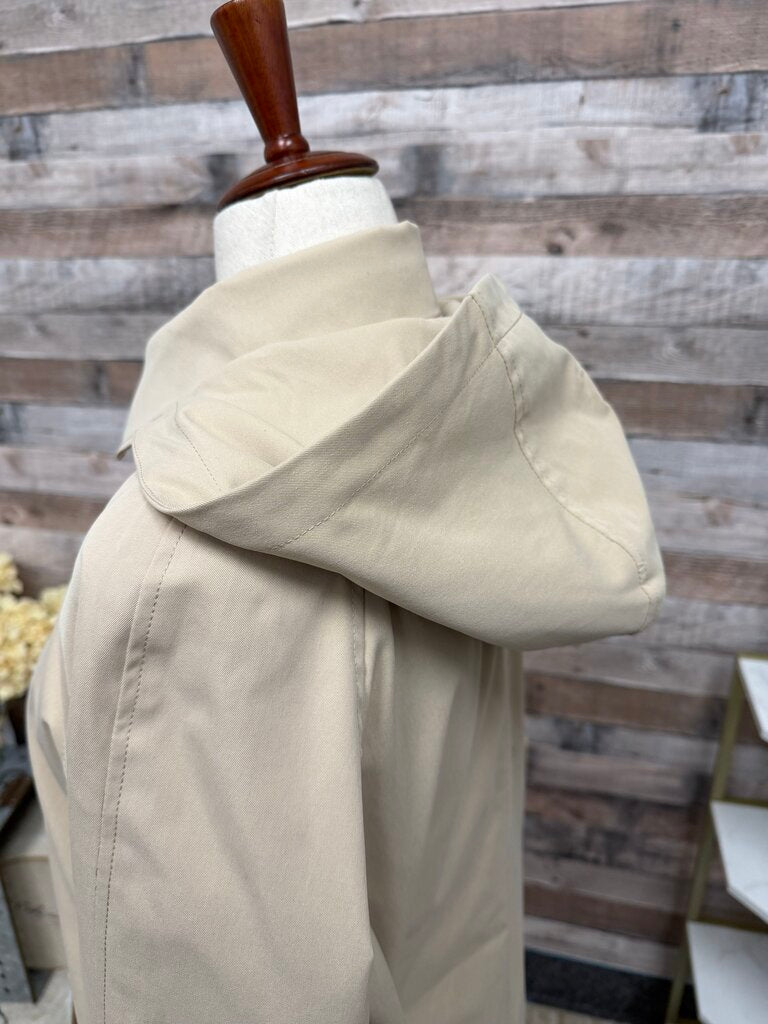 Weatherproof tan 3/4 length trench coat, hooded button down style