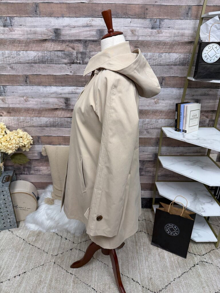 Weatherproof tan 3/4 length trench coat, hooded button down style