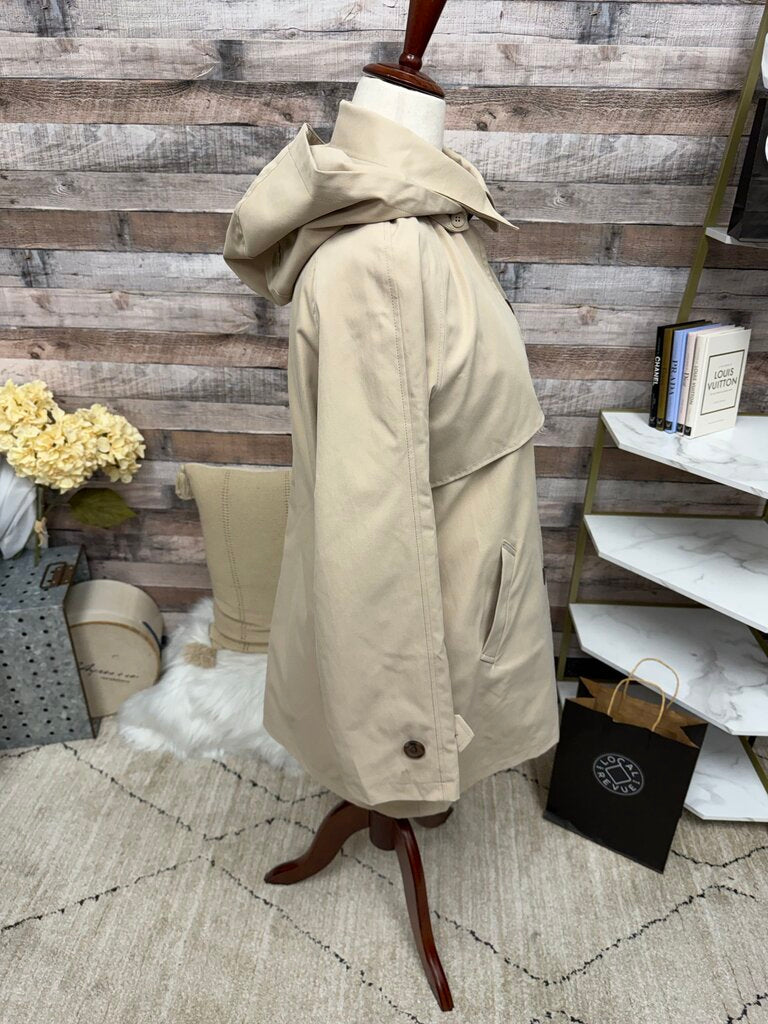 Weatherproof tan 3/4 length trench coat, hooded button down style
