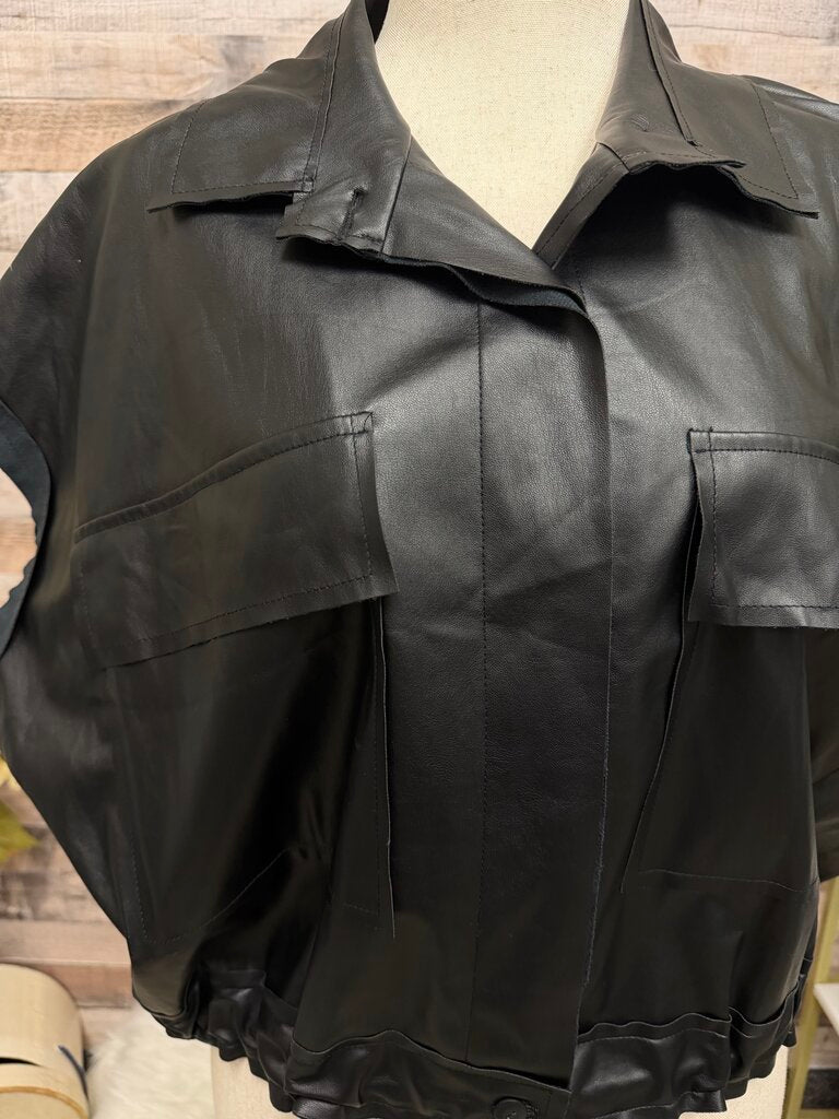 Planet by Lauren G black faux leather short sleeve button up top
