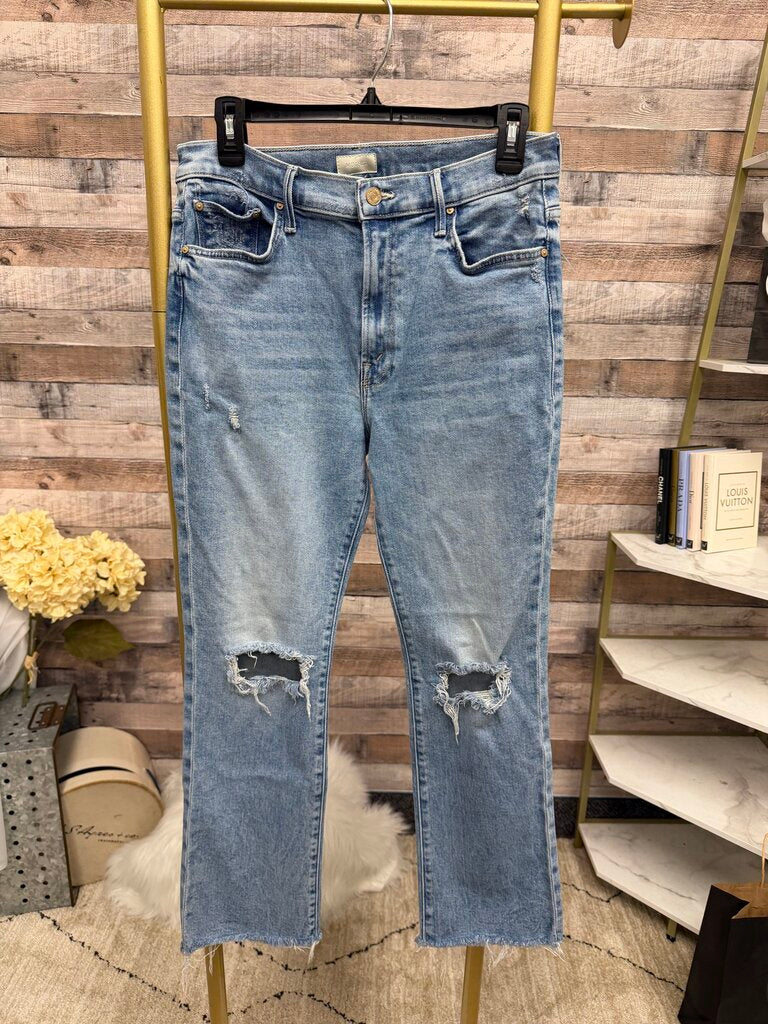 Mother light blue distressed high rise ankle jean