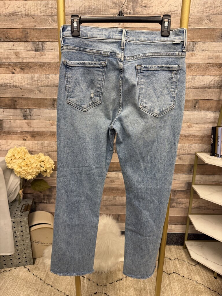 Mother light blue distressed high rise ankle jean