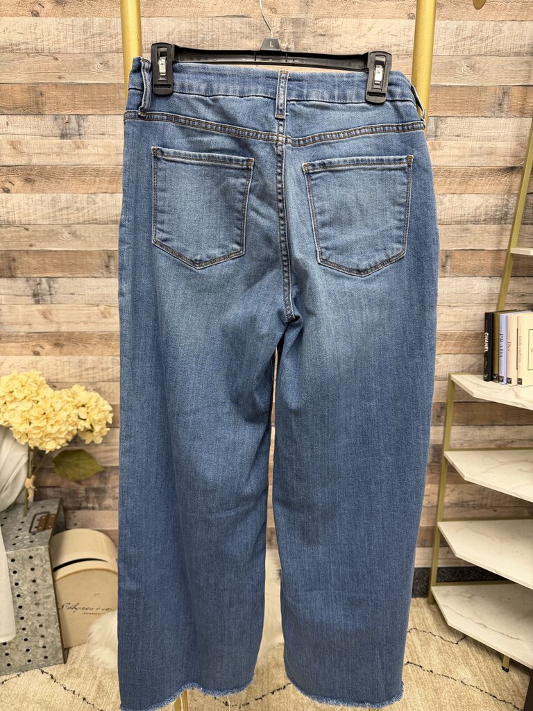 KUT blue jean wide leg cropped with raw hem