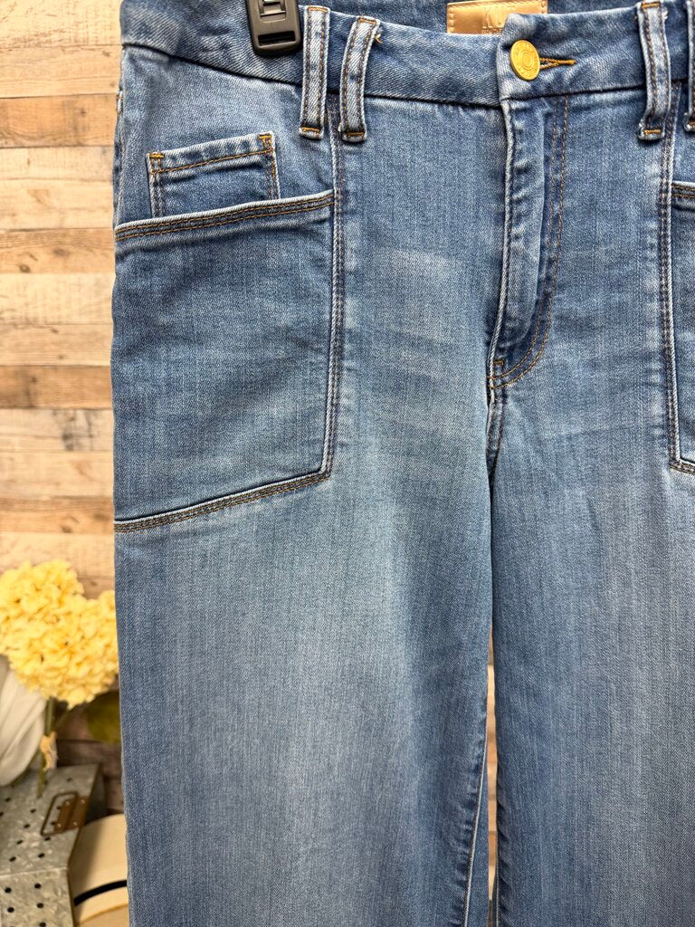 KUT blue jean wide leg cropped with raw hem