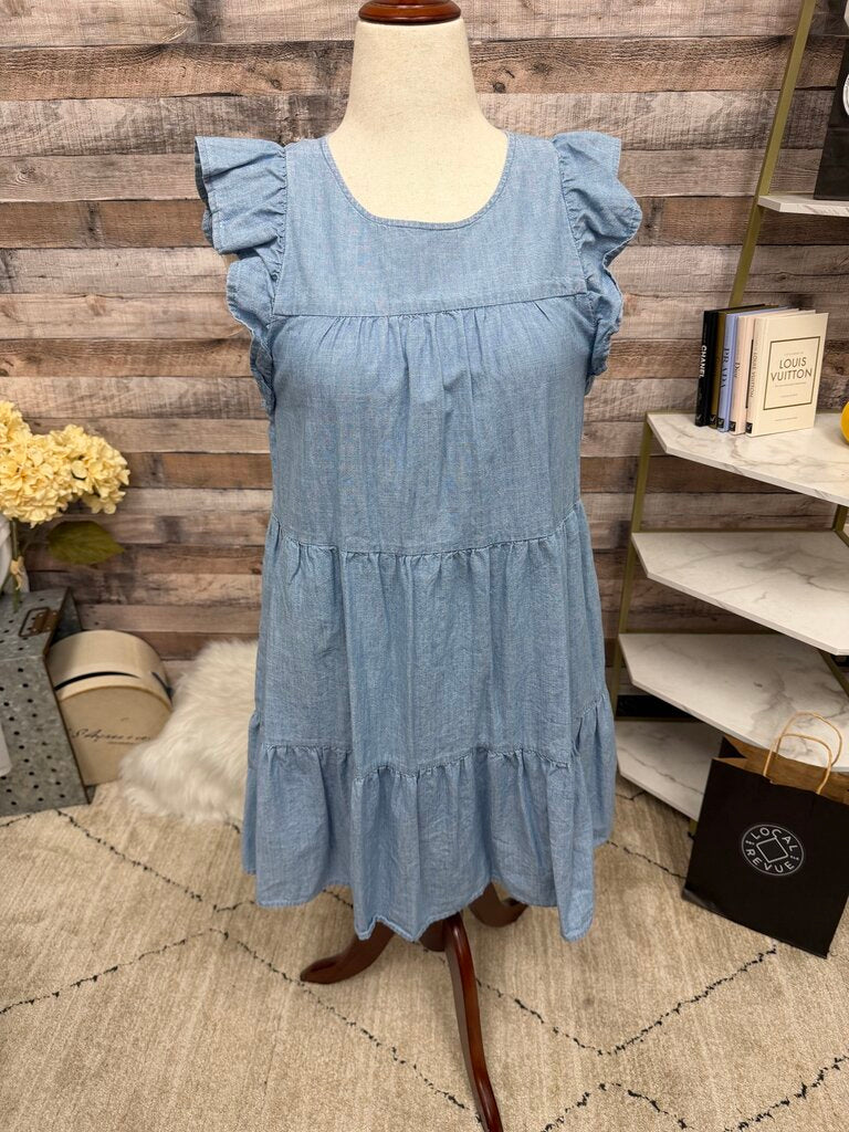 J Crew blue tiered mini dress with flutter sleeves