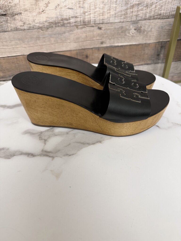 Tory Burch black leather wedge sandal with wooden platform