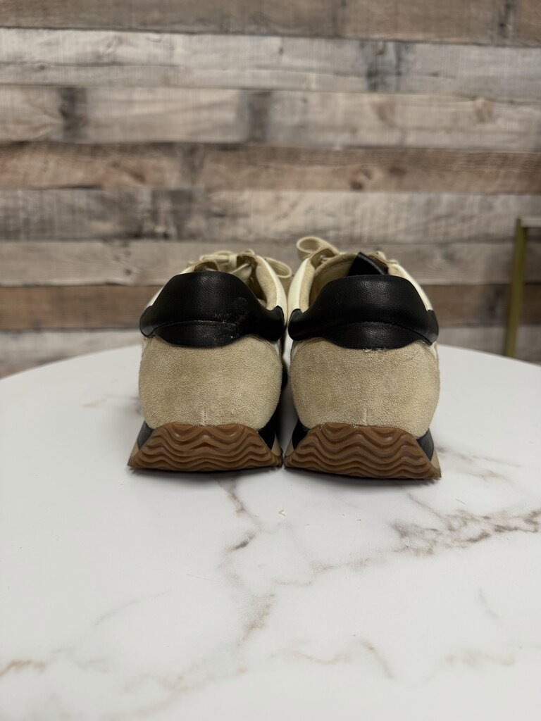 Vaneli cream with black swirl canvas/suede sneaker