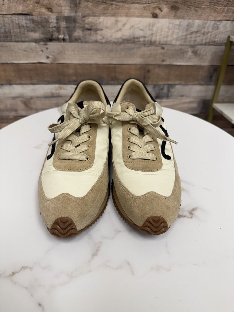 Vaneli cream with black swirl canvas/suede sneaker