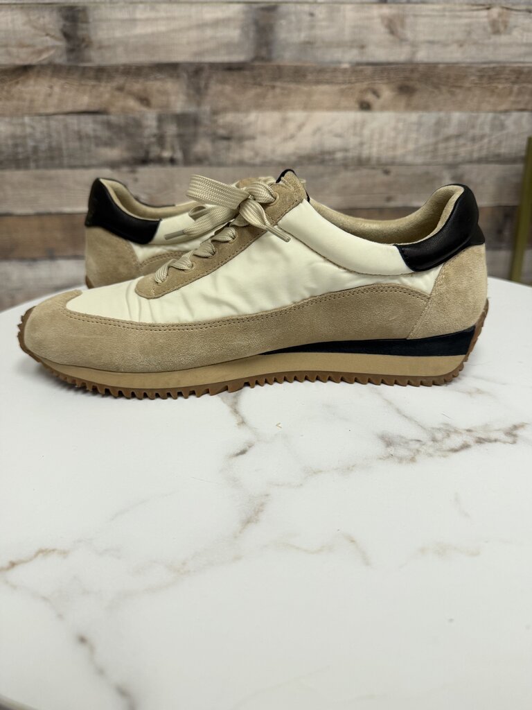 Vaneli cream with black swirl canvas/suede sneaker
