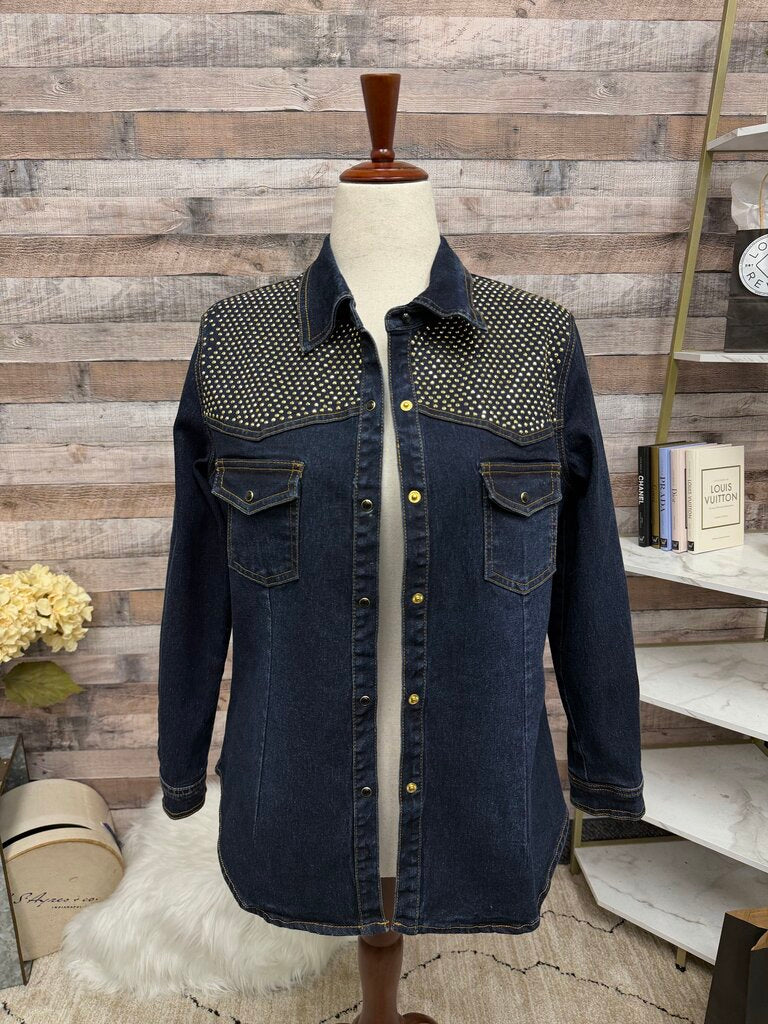 DG2 by Diane Gilman denim jacket gold studded neckline