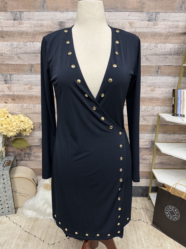 Michael Kors navy blue wrap dress with gold accents