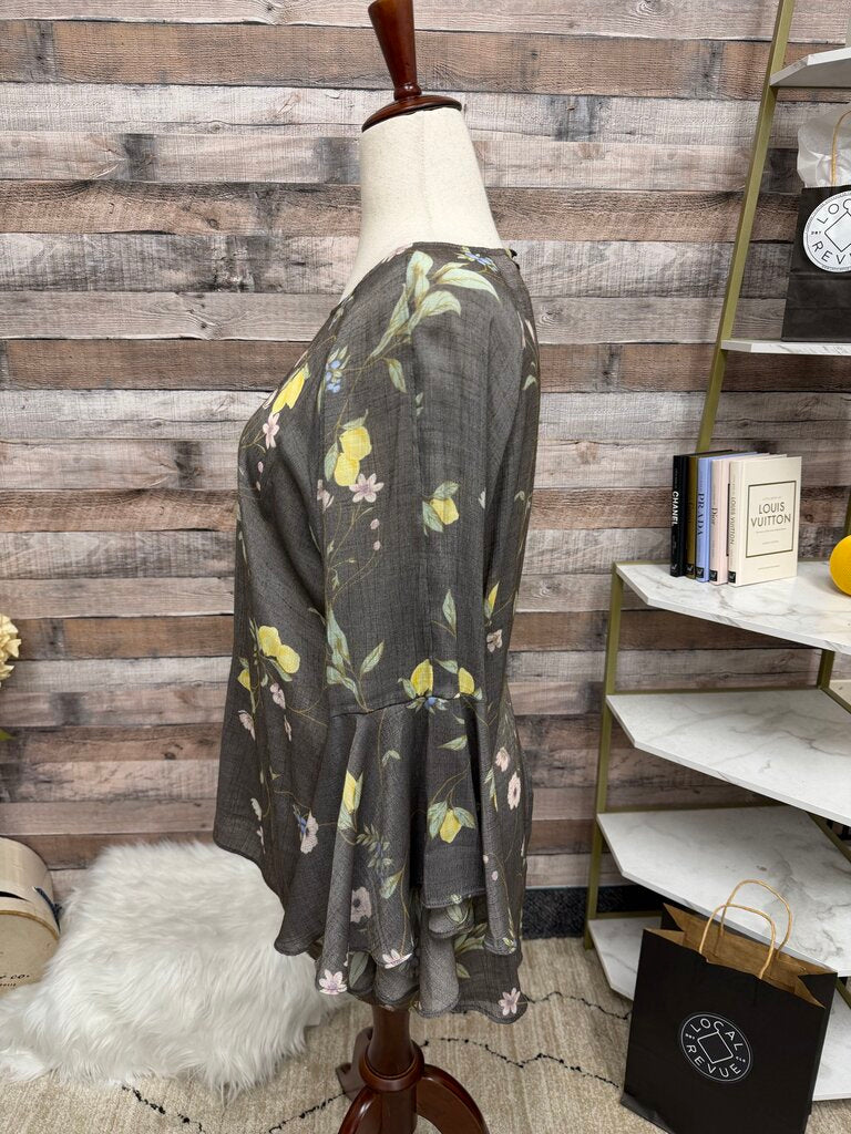Lauren Conrad gray floral bell sleeve top