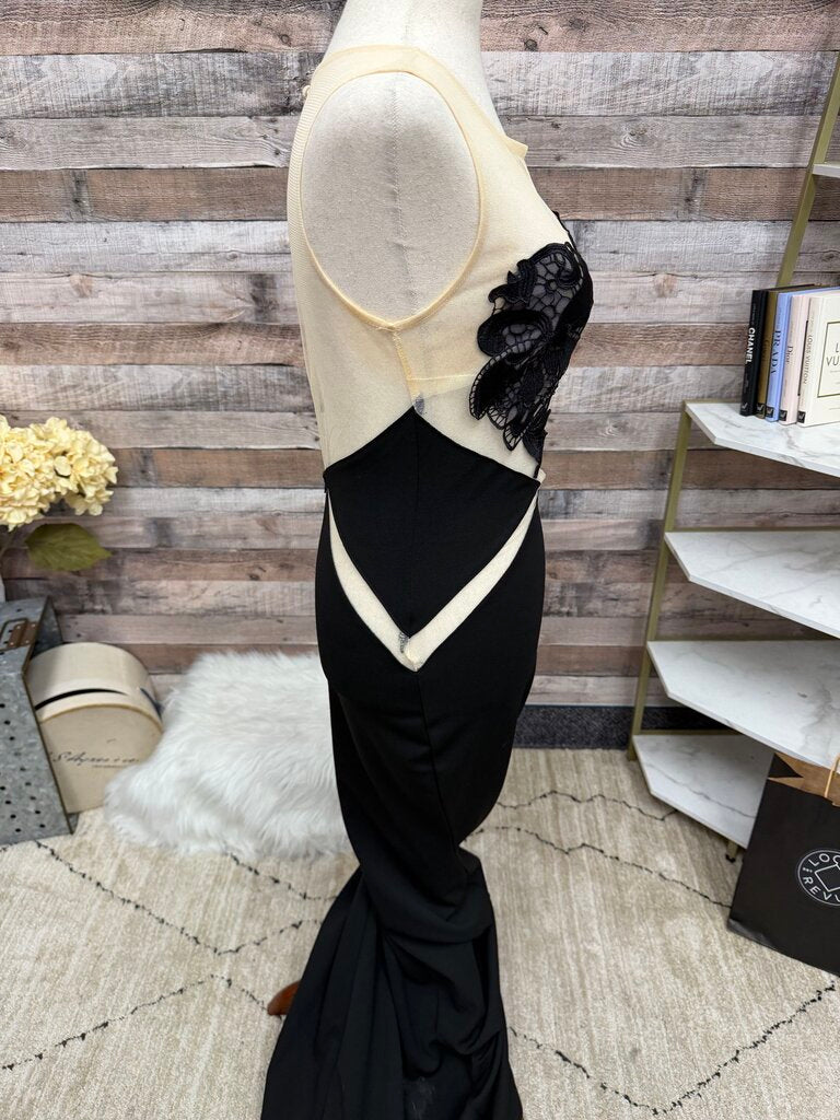 Symphony Black Evening Gown with mesh top and lace trim