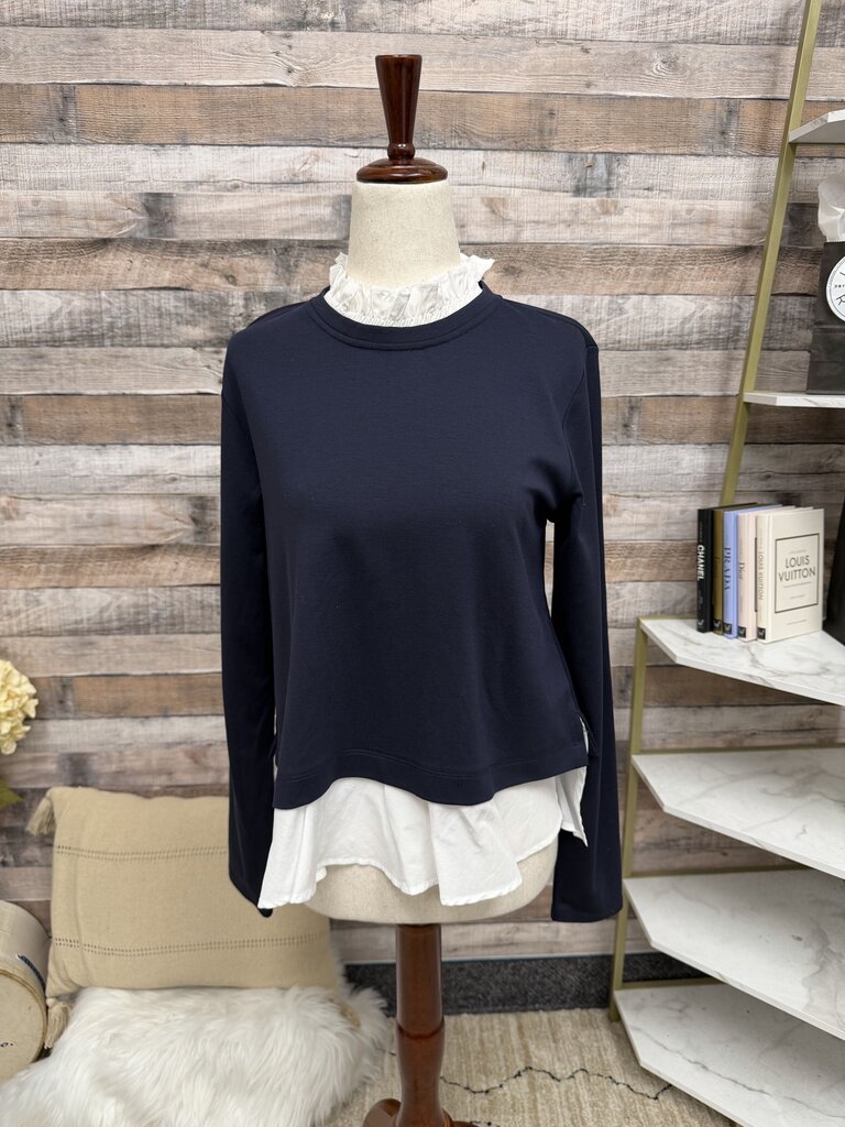 Ann Taylor navy pull over top with ruffle detail