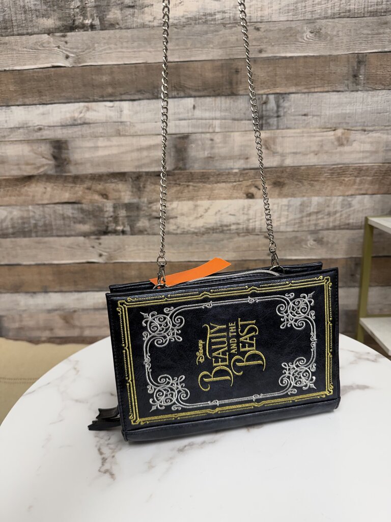 Disney blue Beauty and the Beast book with chain crossbody purse