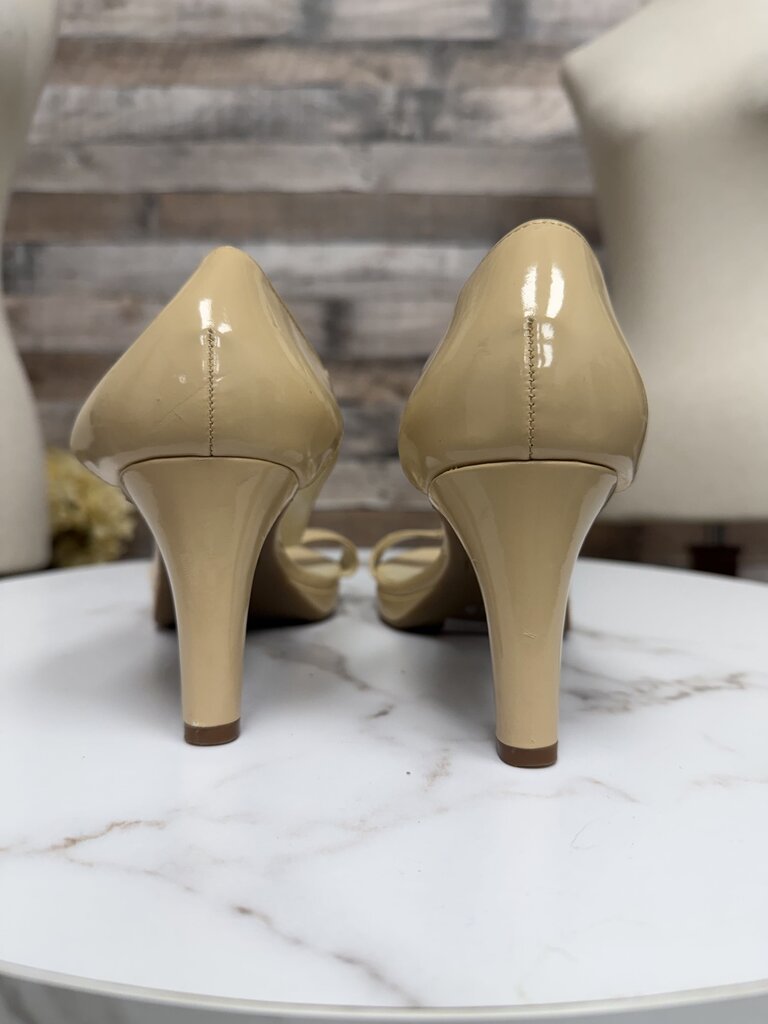 Etienne Aigner taupe patent leather ankle strap heel
