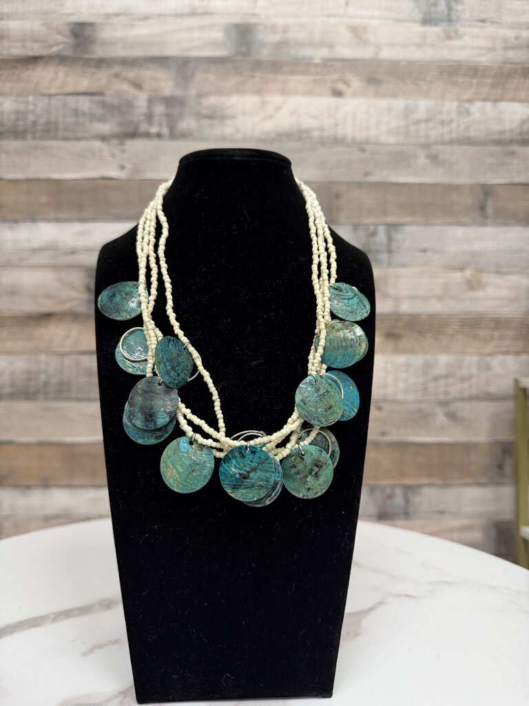 no label blue shell with white bead necklace no label blue OS women ACCESSORIES