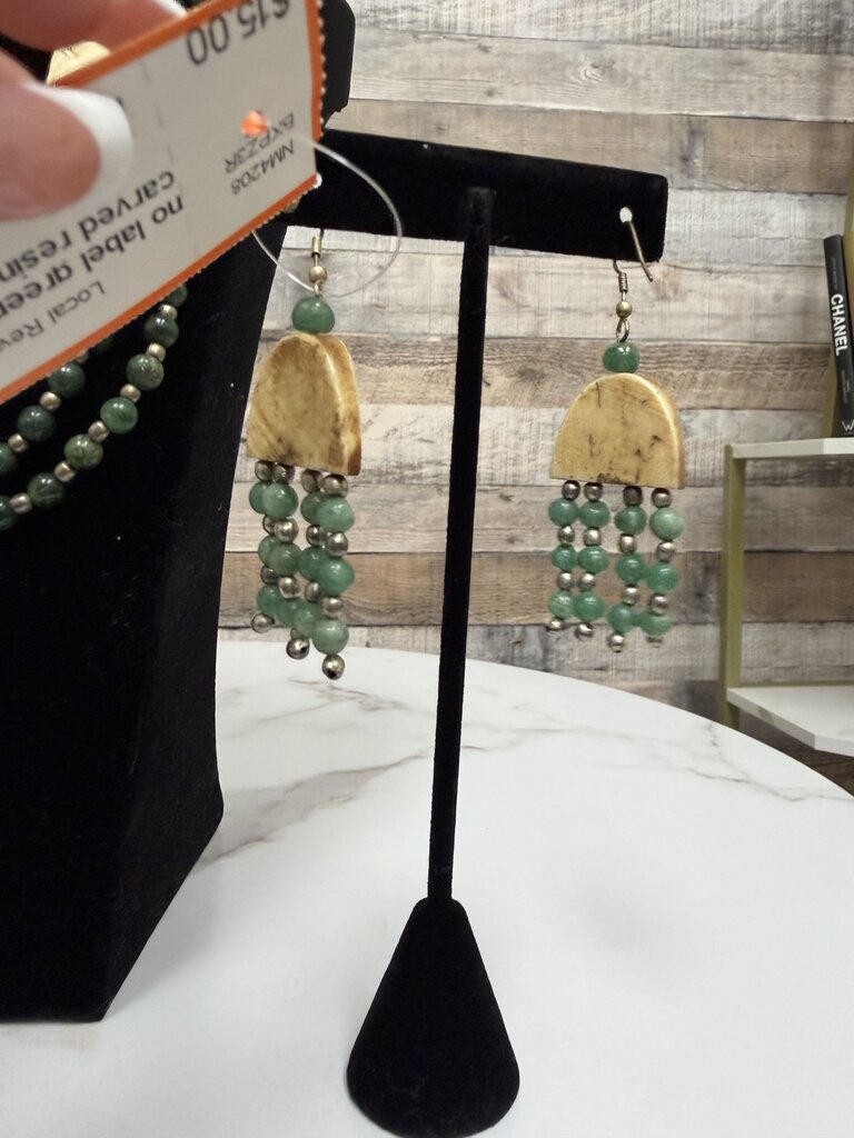 no label green jade with carved resin chandelier earring no label green os women ACCESSORIES
