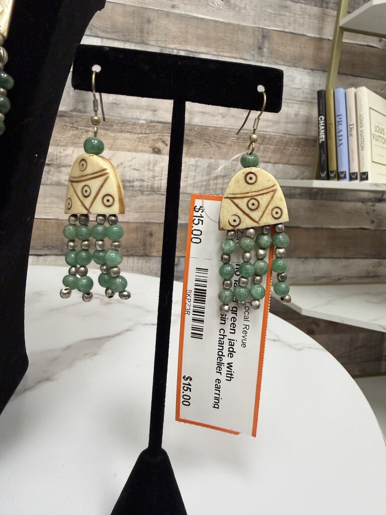 no label green jade with carved resin chandelier earring no label green os women ACCESSORIES