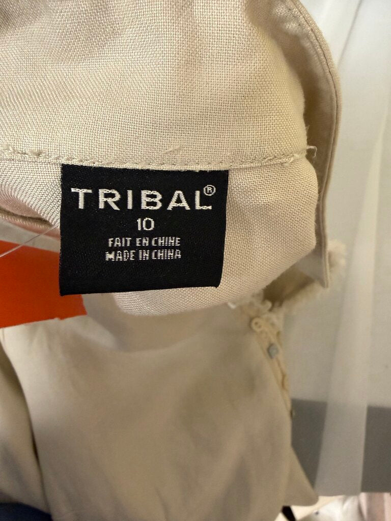 Tribal Cream/Tan V-neck 3/4 sleeve /w Button & Fringe Design
