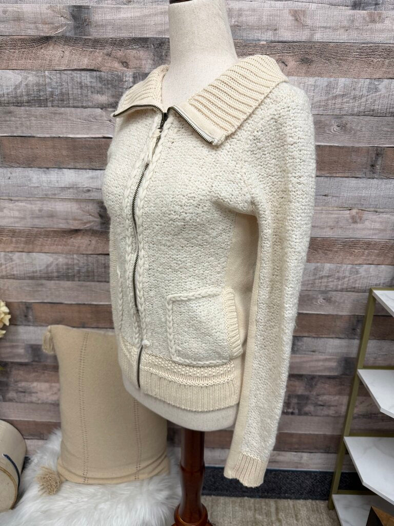 Sleeping On Snow Cream Zip Up Chunky Cable Knit Sweater W/ Collar