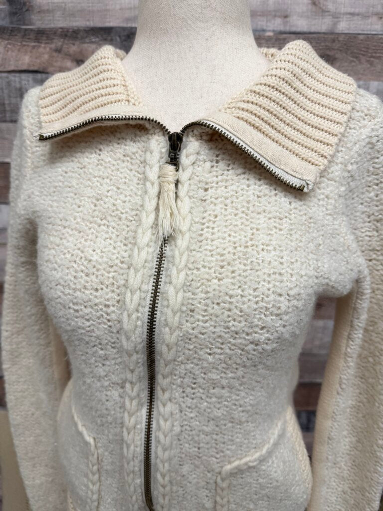 Sleeping On Snow Cream Zip Up Chunky Cable Knit Sweater W/ Collar