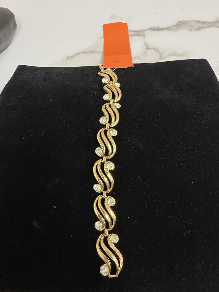 Vintage Gold Tone 3 Wave Bracelet with Rhinestones