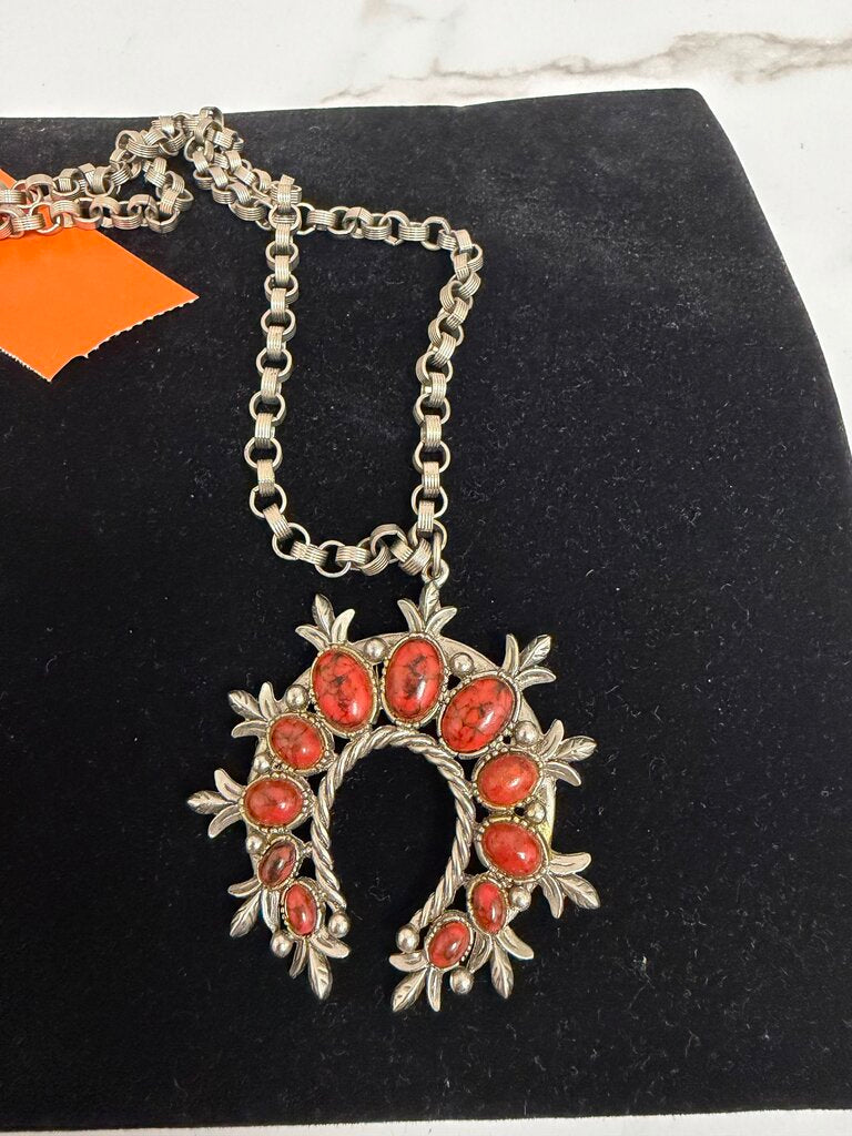 Metal Necklace W/ Coral Colored Stones Squash Blossom Pendant Native American Style no label Red OS women ACCESSORIES