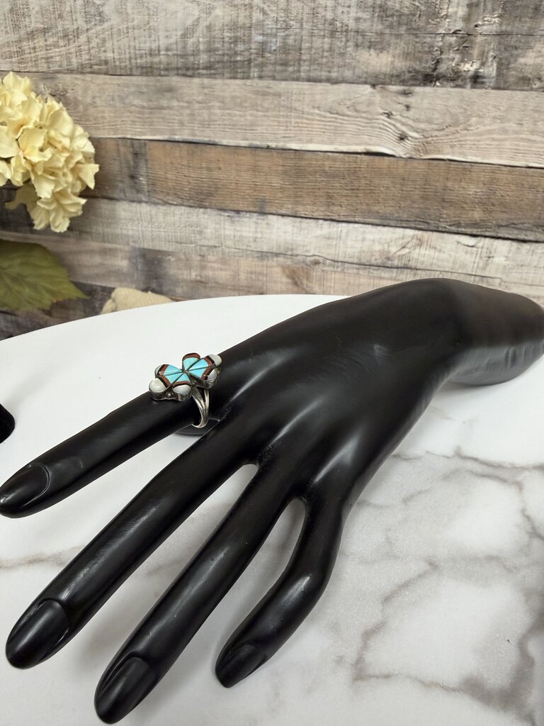 Sterling Silver with Turquoise and Mother of Pearl Geometric Design Ring no label SIlver 6 women ACCESSORIES