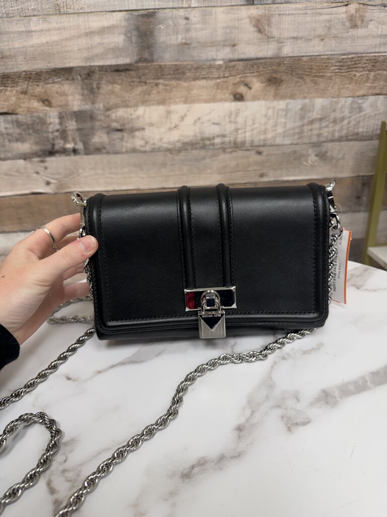 Michael Kors Black Leather Crossbody w/Silver Padlock & Chain