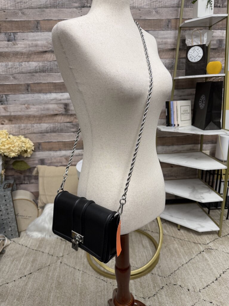 Michael Kors Black Leather Crossbody w/Silver Padlock & Chain