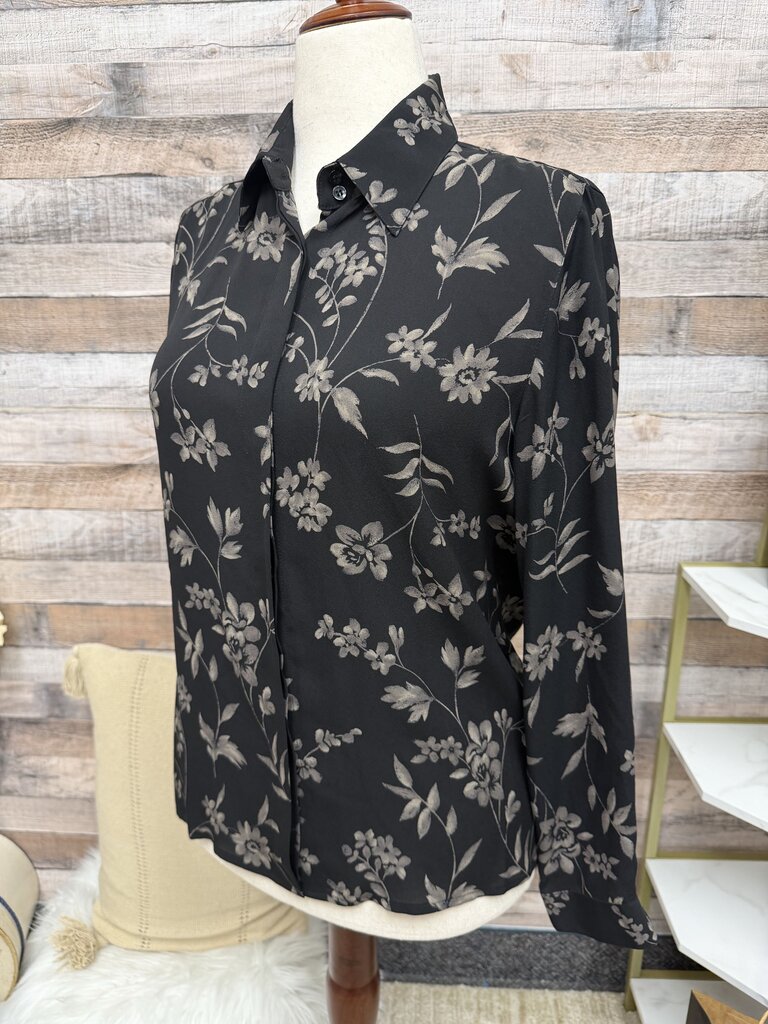 Jones New York Black Floral Print Button Down Top