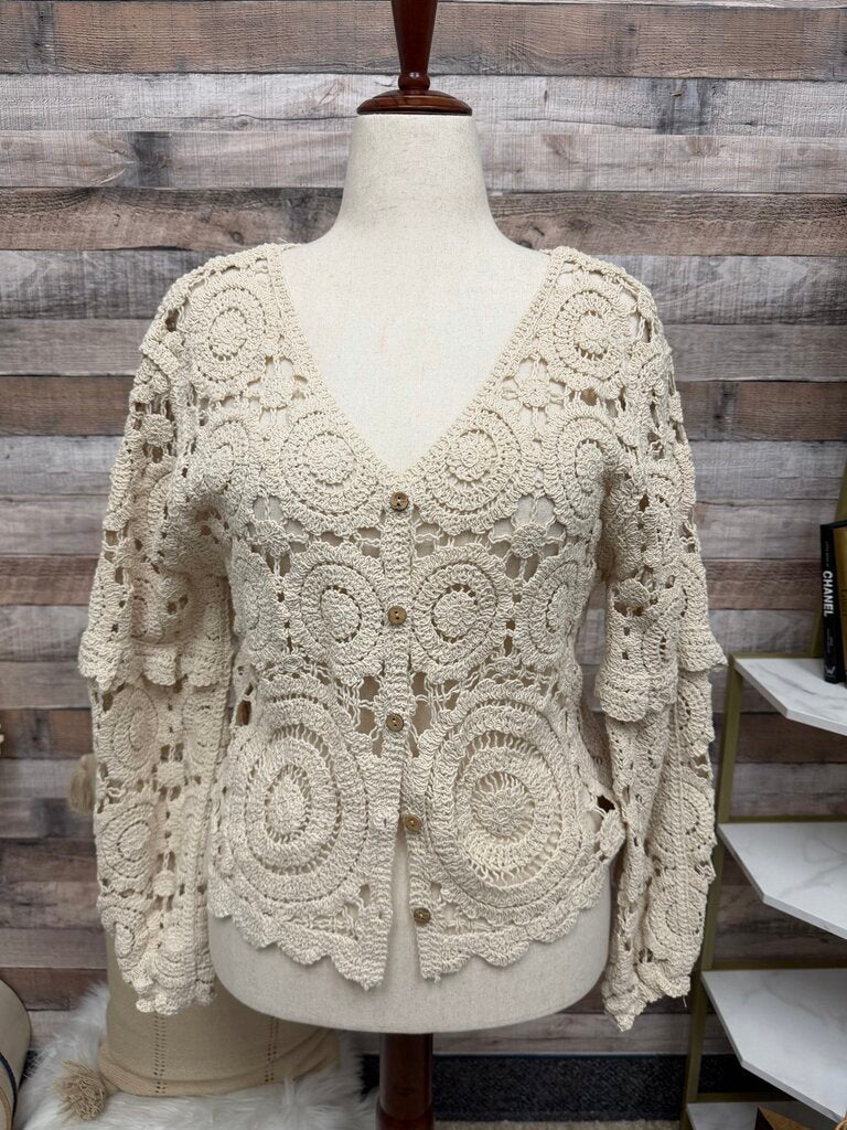 No Label Cream Crochet Button Up Cardigan