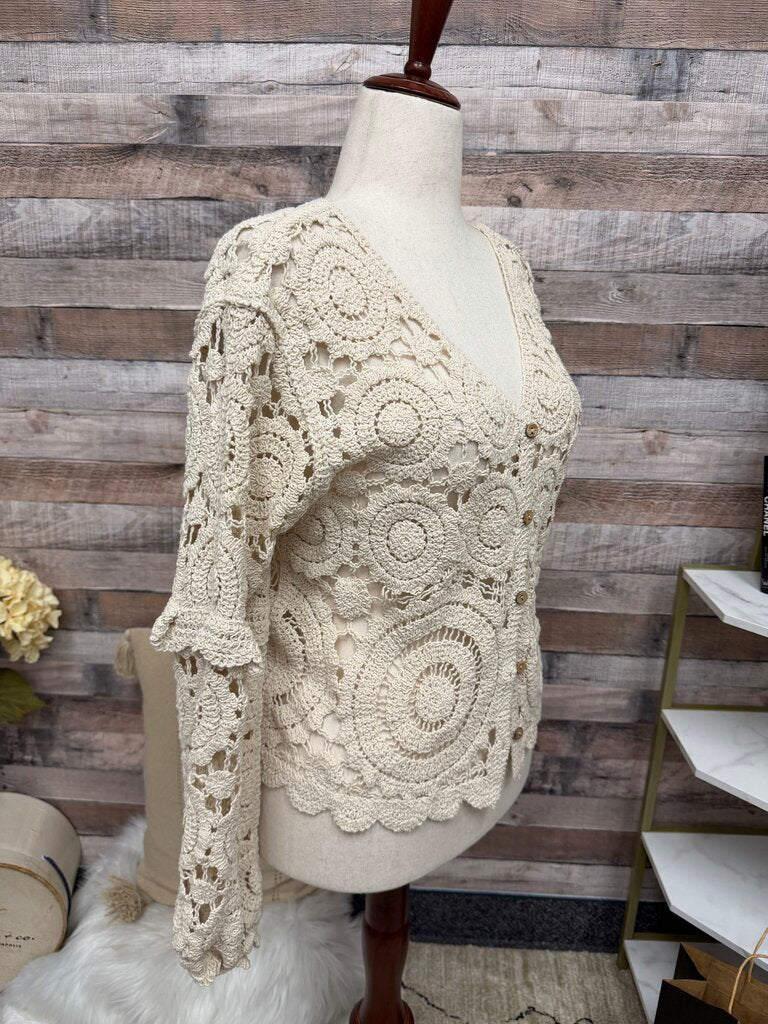 No Label Cream Crochet Button Up Cardigan