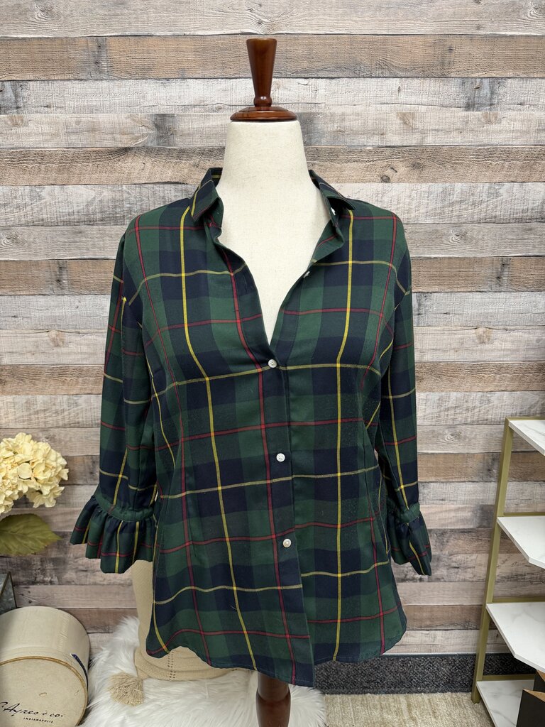 Gretchen Scott Plaid Shirt W/ Ruffle Sleeves