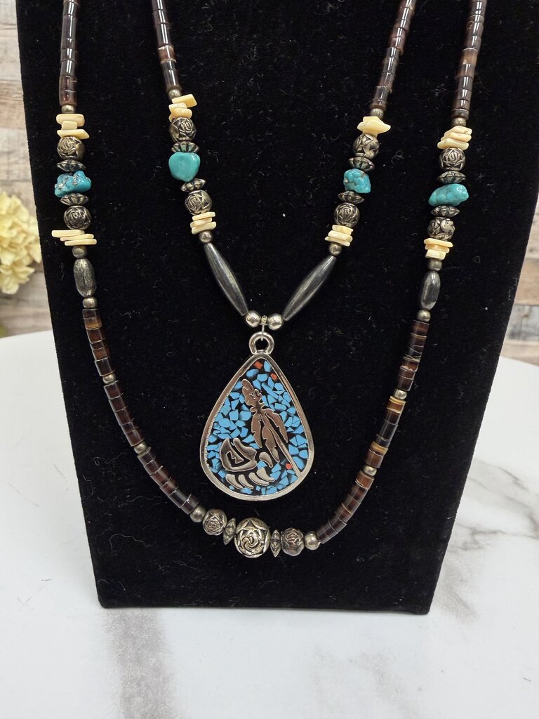 Double Strand Beaded Necklace w/ Turquoise and Bone Beads & Teardrop Pendant no label Multi OS women NECKLACE - JEWELRY