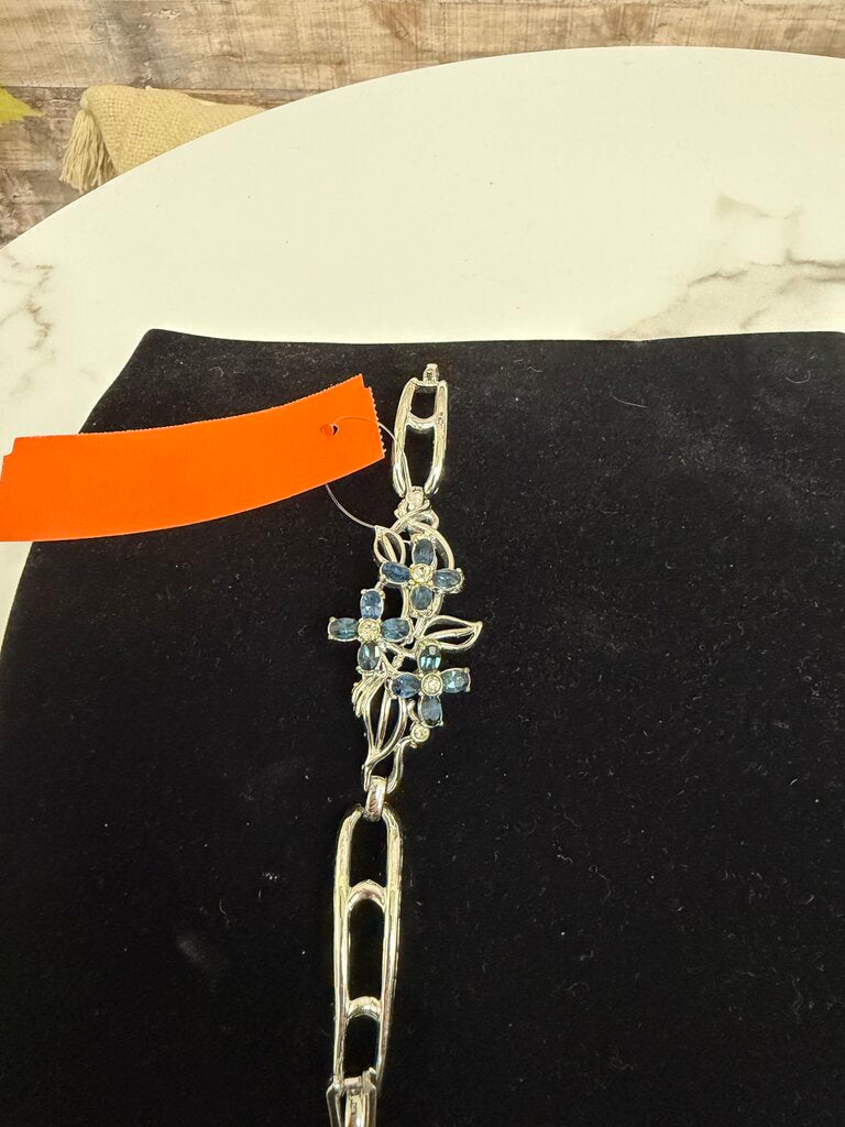 Silver w/ 3 Blue Flower Clasp Bracelet