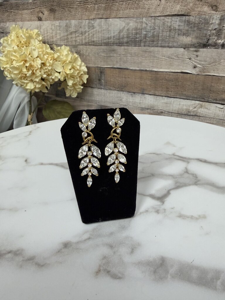 Gold Tone Chandelier Earrings w/ Marquise Cut Leaf Design