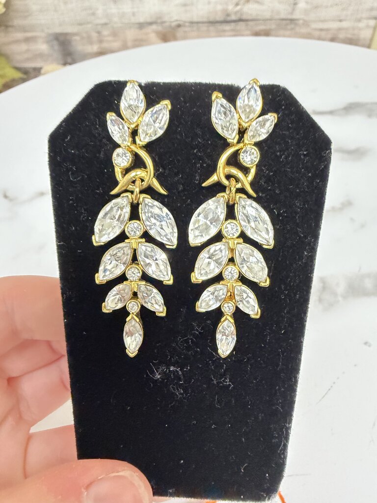 Gold Tone Chandelier Earrings w/ Marquise Cut Leaf Design