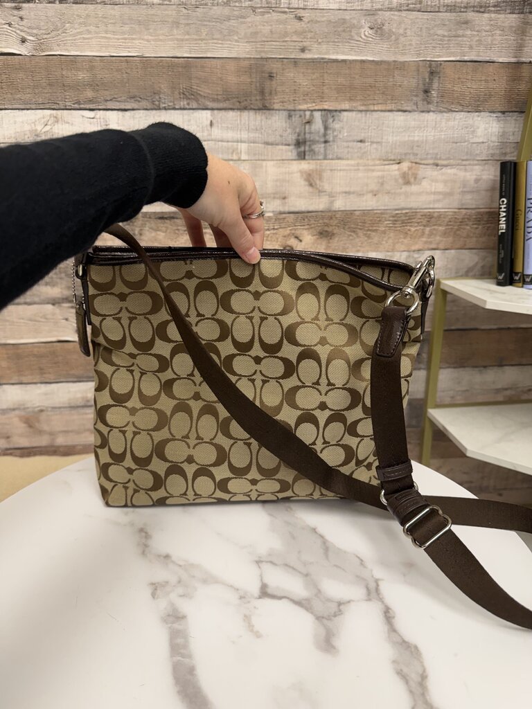 Coach Tan & Brown Canvas Signature Stripe Messenger Crossbody