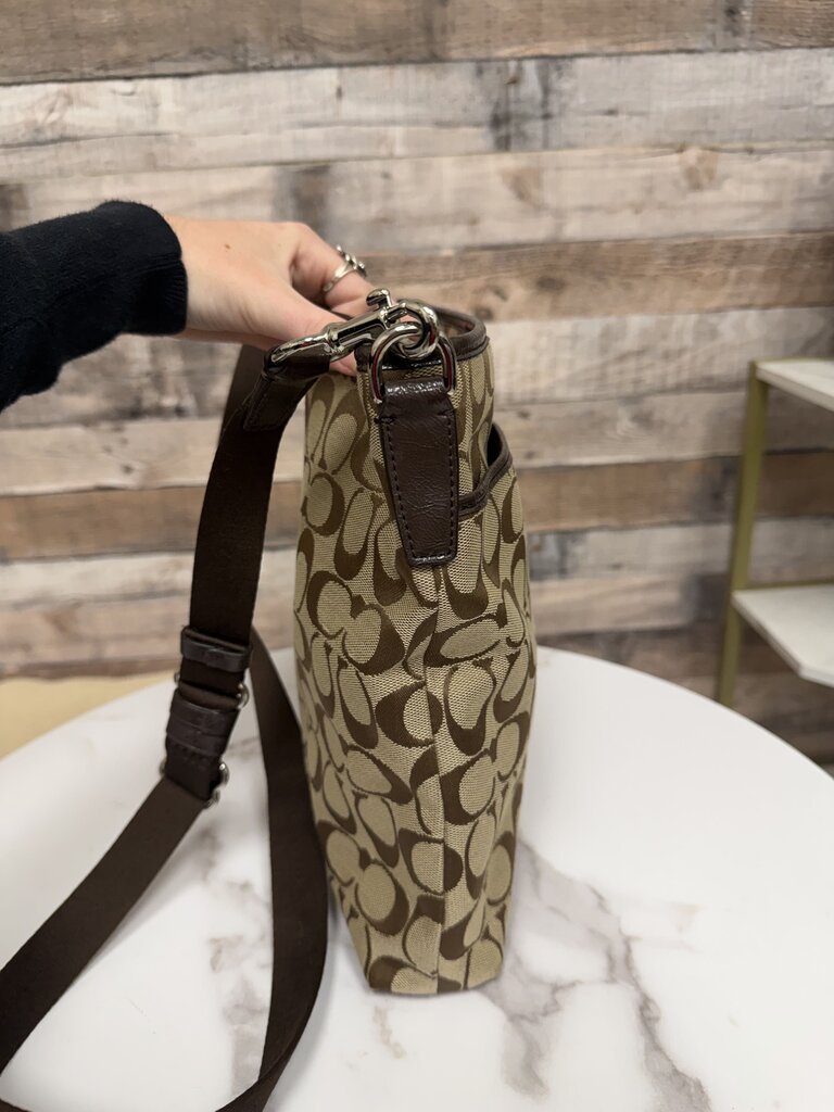 Coach Tan & Brown Canvas Signature Stripe Messenger Crossbody