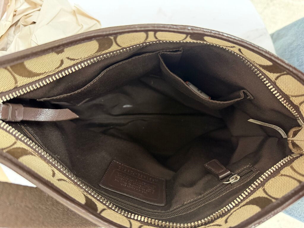 Coach Tan & Brown Canvas Signature Stripe Messenger Crossbody