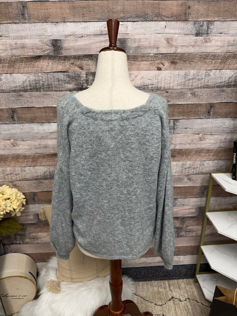 G F Collection Gray V Neck Sweater with Tie On Side