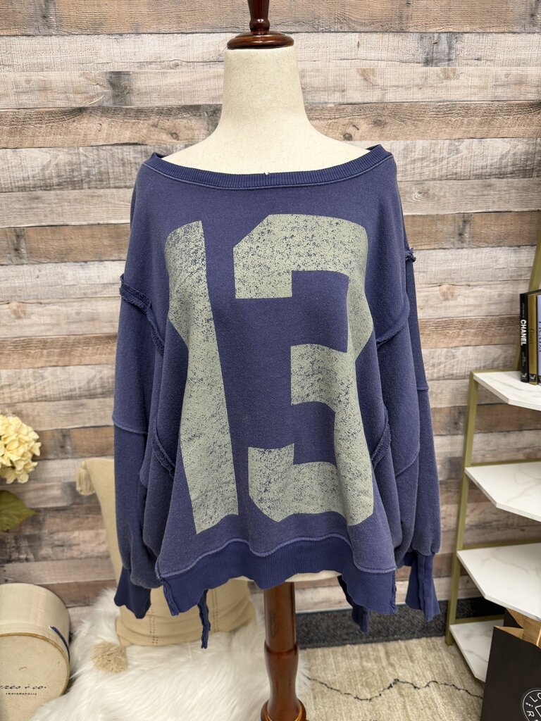 Free People Blue "13" Graphic Camden Sweatshirt
