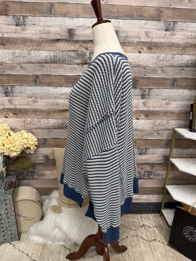 American Eagle Blue/White Striped Waffle Knit Pullover