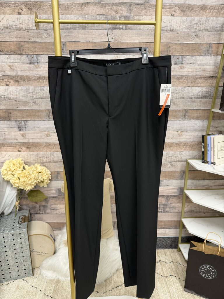 Lauren Black Dress Pant Flat Front W/ Small Silver Logo Charm NWT